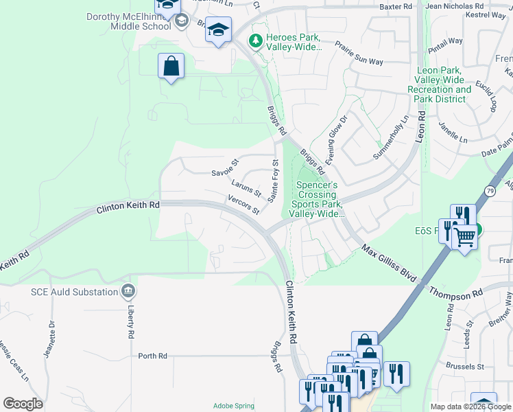map of restaurants, bars, coffee shops, grocery stores, and more near 30427 Vercors Street in Murrieta
