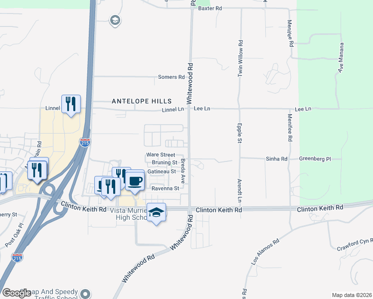 map of restaurants, bars, coffee shops, grocery stores, and more near 28471 Ware Street in Murrieta