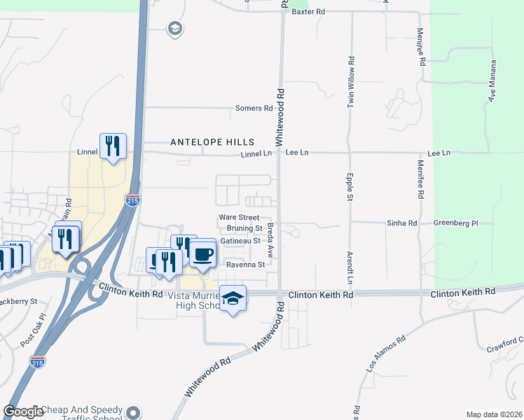 map of restaurants, bars, coffee shops, grocery stores, and more near 28471 Ware Street in Murrieta