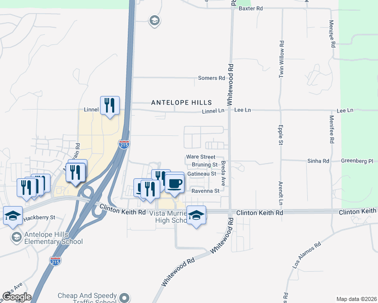 map of restaurants, bars, coffee shops, grocery stores, and more near 28335 Ware Street in Murrieta