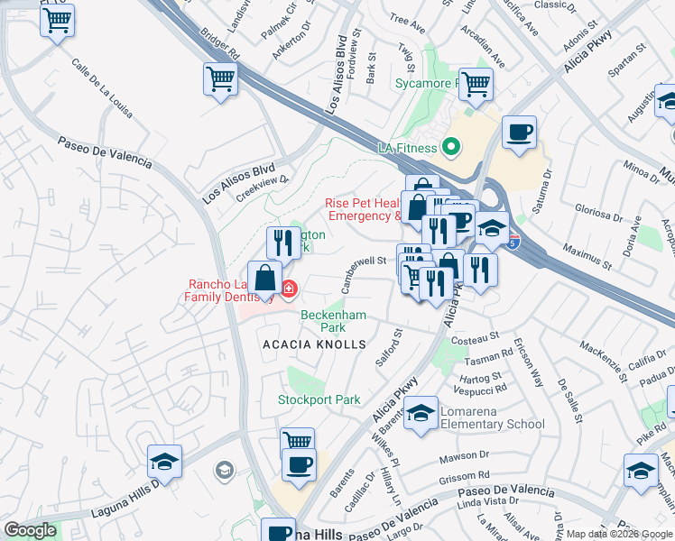 map of restaurants, bars, coffee shops, grocery stores, and more near 24791 Via Balboa in Laguna Hills