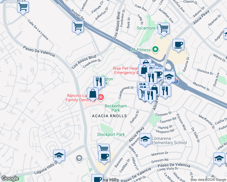 map of restaurants, bars, coffee shops, grocery stores, and more near 24791 Via Balboa in Laguna Hills