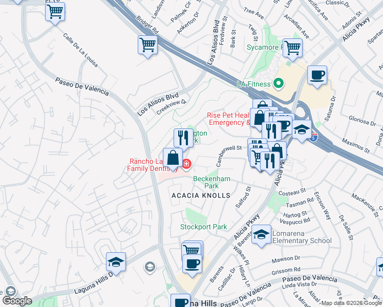 map of restaurants, bars, coffee shops, grocery stores, and more near 24851 Calle Carmel in Laguna Hills