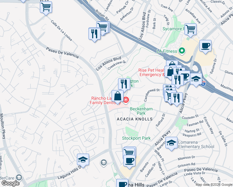 map of restaurants, bars, coffee shops, grocery stores, and more near 24841 Rittenhouse Circle in Laguna Hills
