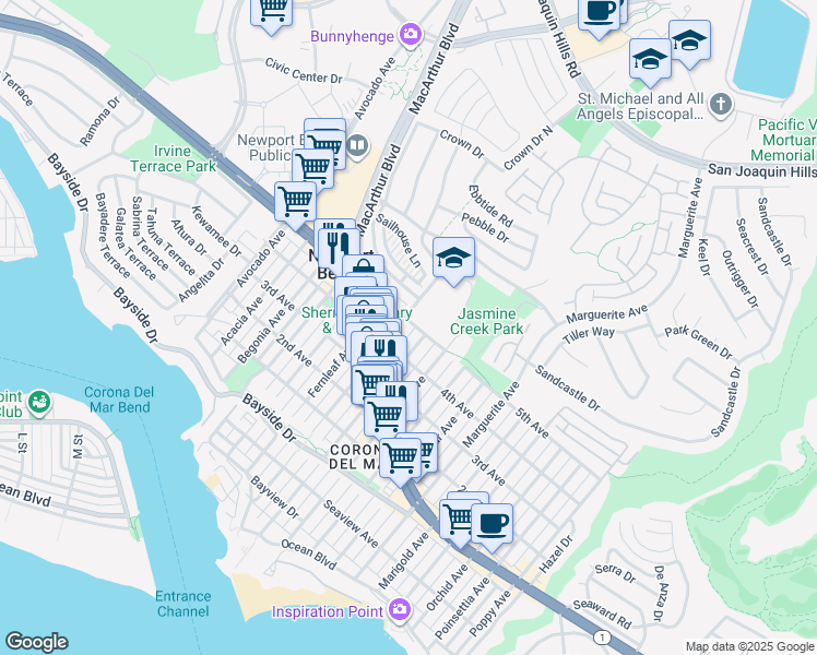 map of restaurants, bars, coffee shops, grocery stores, and more near 704 Goldenrod Avenue in Newport Beach
