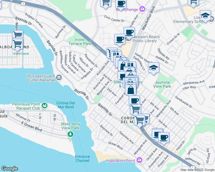 map of restaurants, bars, coffee shops, grocery stores, and more near 440 Carnation Avenue in Newport Beach