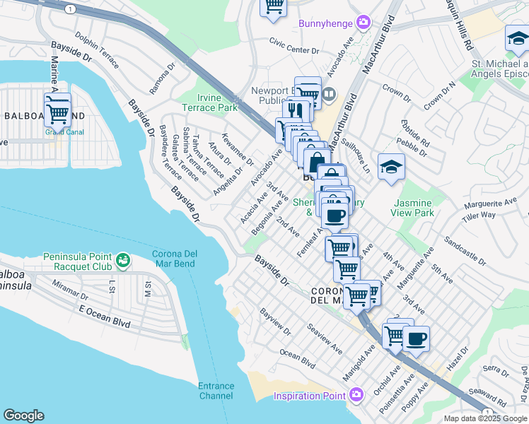 map of restaurants, bars, coffee shops, grocery stores, and more near 427 Begonia Avenue in Newport Beach