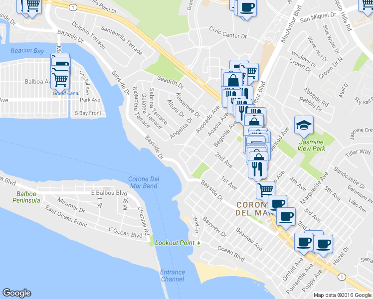 map of restaurants, bars, coffee shops, grocery stores, and more near 2220 Pacific Drive in Newport Beach
