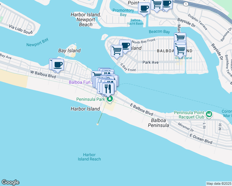 map of restaurants, bars, coffee shops, grocery stores, and more near 907 East Balboa Boulevard in Newport Beach