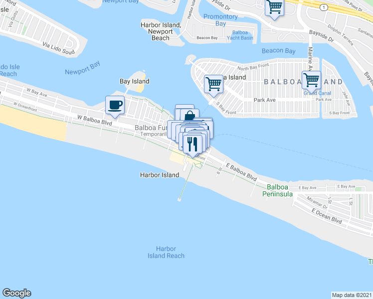 map of restaurants, bars, coffee shops, grocery stores, and more near 105 Main Street in Newport Beach