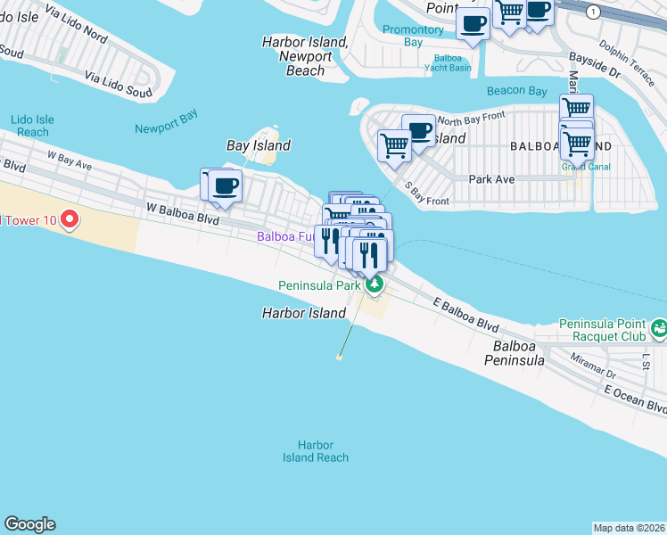 map of restaurants, bars, coffee shops, grocery stores, and more near 605 East Balboa Boulevard in Newport Beach