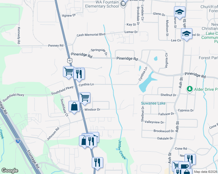 map of restaurants, bars, coffee shops, grocery stores, and more near 459 Cynthia Lane in Forest Park