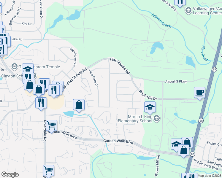 map of restaurants, bars, coffee shops, grocery stores, and more near 5599 Windwood Road in Atlanta