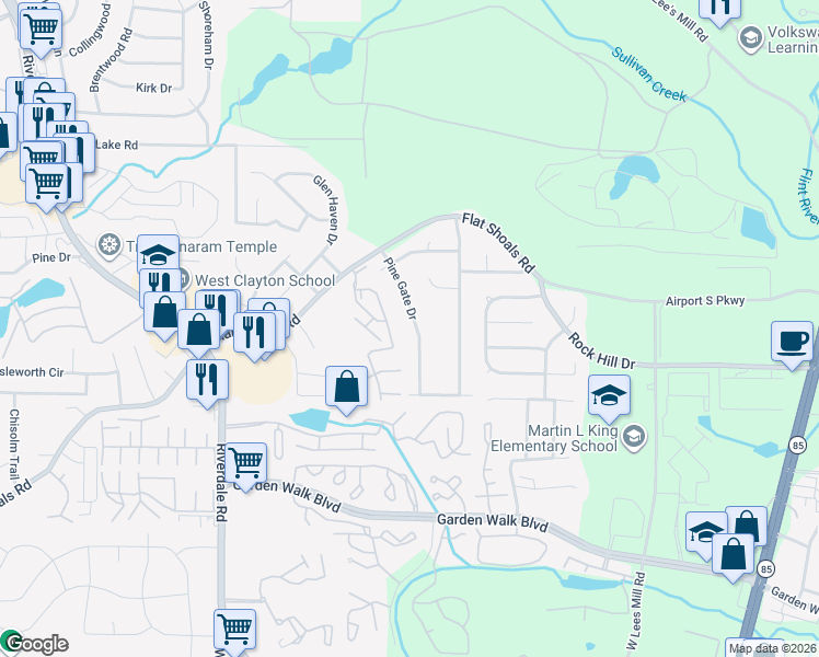 map of restaurants, bars, coffee shops, grocery stores, and more near 5635 Pine Gate Drive in Atlanta