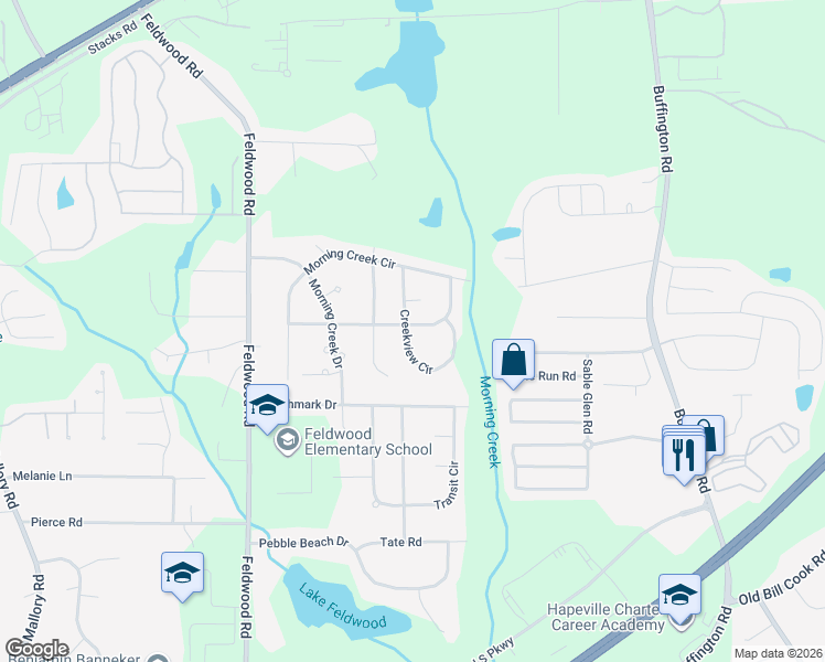 map of restaurants, bars, coffee shops, grocery stores, and more near 3750 Creekview Circle in College Park