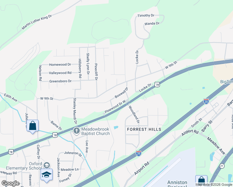 map of restaurants, bars, coffee shops, grocery stores, and more near 921 Boswell Drive in Oxford