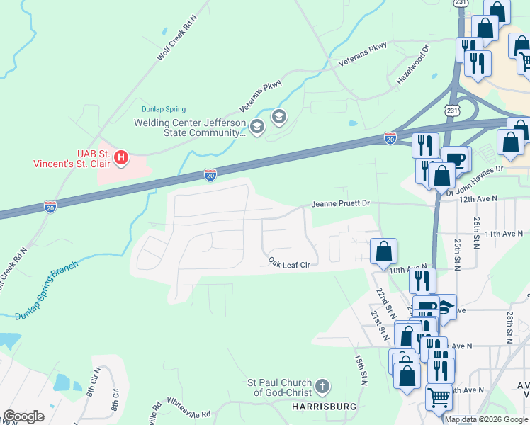 map of restaurants, bars, coffee shops, grocery stores, and more near 545 Oak Leaf Circle in Pell City