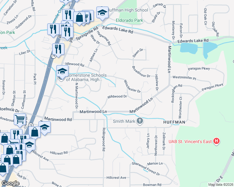 map of restaurants, bars, coffee shops, grocery stores, and more near 945 Wildwood Drive in Birmingham