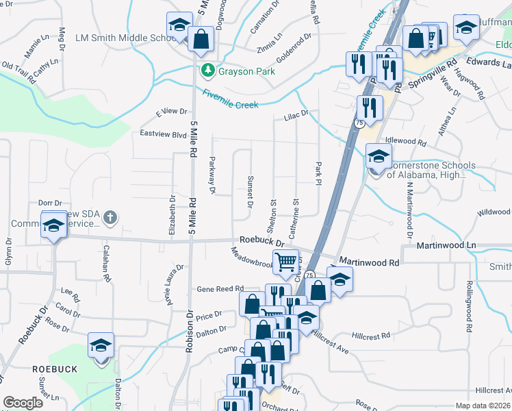 map of restaurants, bars, coffee shops, grocery stores, and more near 818 Sunset Drive in Birmingham