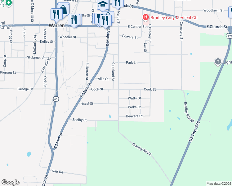 map of restaurants, bars, coffee shops, grocery stores, and more near 1019 Brown Street in Warren