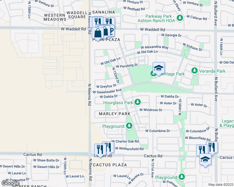 map of restaurants, bars, coffee shops, grocery stores, and more near 15353 West Dahlia Drive in Surprise