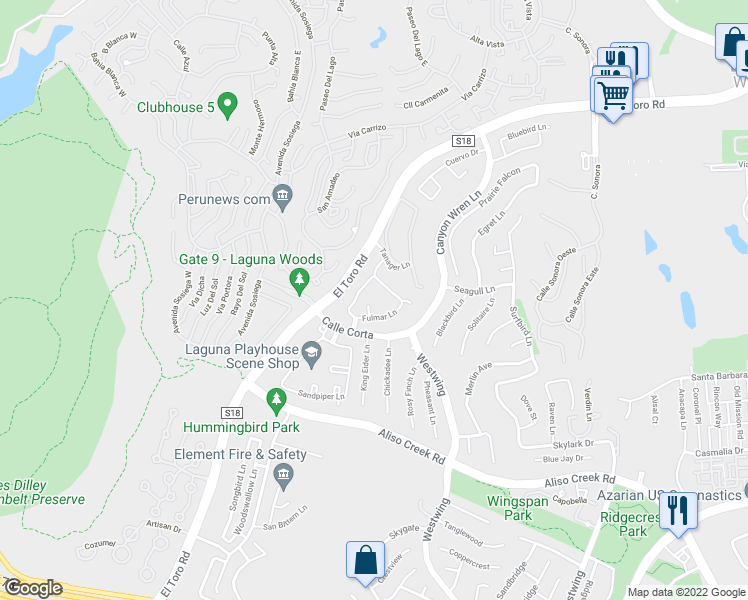 map of restaurants, bars, coffee shops, grocery stores, and more near 11 Fulmar Lane in Aliso Viejo
