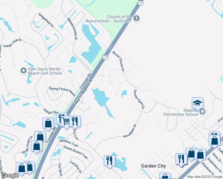 map of restaurants, bars, coffee shops, grocery stores, and more near 2123 Green Heron Drive in Murrells Inlet