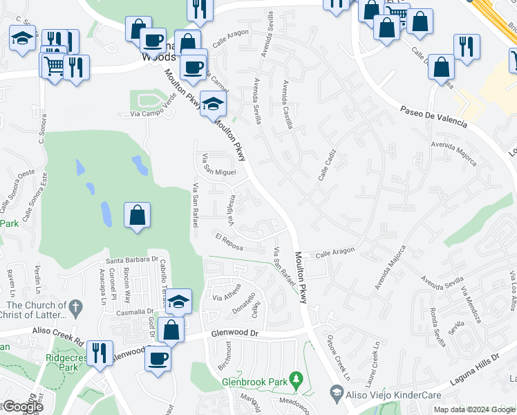 map of restaurants, bars, coffee shops, grocery stores, and more near 23581 Los Grandes Street in Aliso Viejo