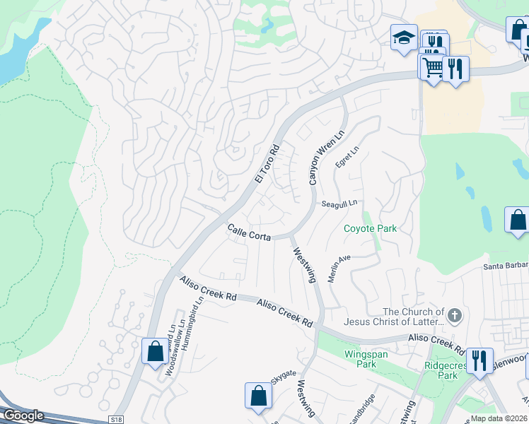 map of restaurants, bars, coffee shops, grocery stores, and more near 90 Night Heron Lane in Aliso Viejo