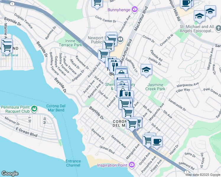 map of restaurants, bars, coffee shops, grocery stores, and more near 601 Dahlia Avenue in Newport Beach