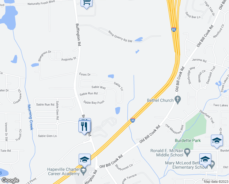 map of restaurants, bars, coffee shops, grocery stores, and more near 5697 Sable Way in Atlanta