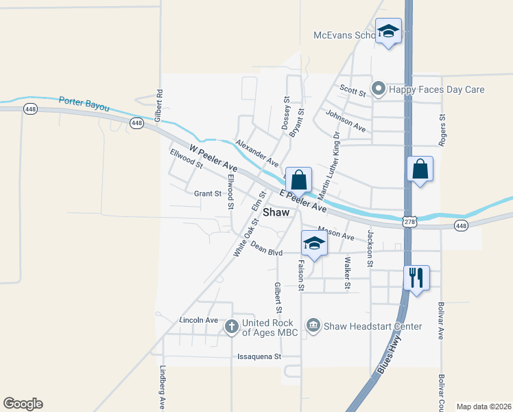 map of restaurants, bars, coffee shops, grocery stores, and more near 201 Elm Street in Shaw