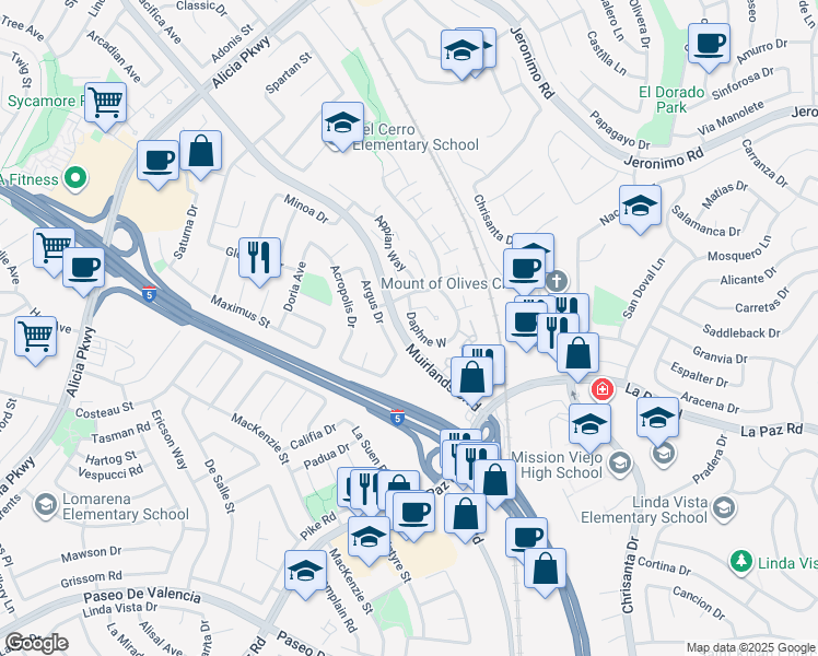 map of restaurants, bars, coffee shops, grocery stores, and more near 24825 Daphne West in Mission Viejo