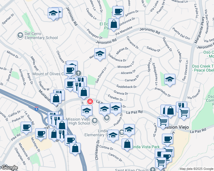 map of restaurants, bars, coffee shops, grocery stores, and more near 26451 Granvia Drive in Mission Viejo