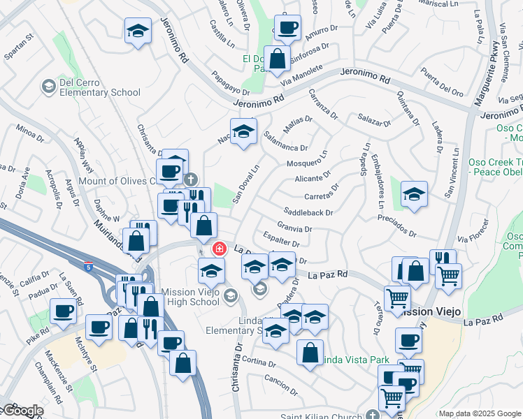 map of restaurants, bars, coffee shops, grocery stores, and more near 26451 Granvia Drive in Mission Viejo