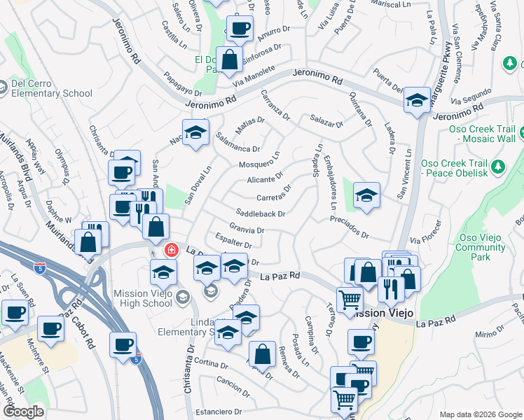 map of restaurants, bars, coffee shops, grocery stores, and more near 26651 Saddleback Drive in Mission Viejo