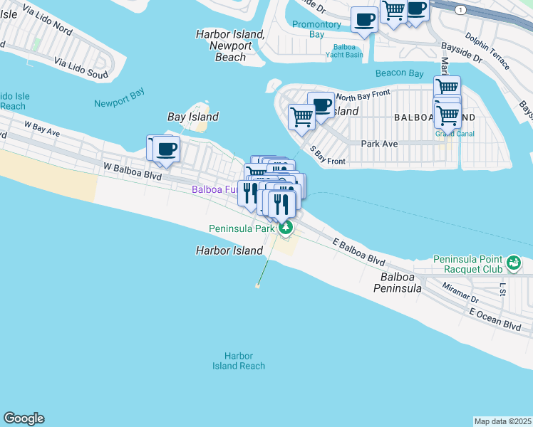 map of restaurants, bars, coffee shops, grocery stores, and more near 105 Main Street in Newport Beach