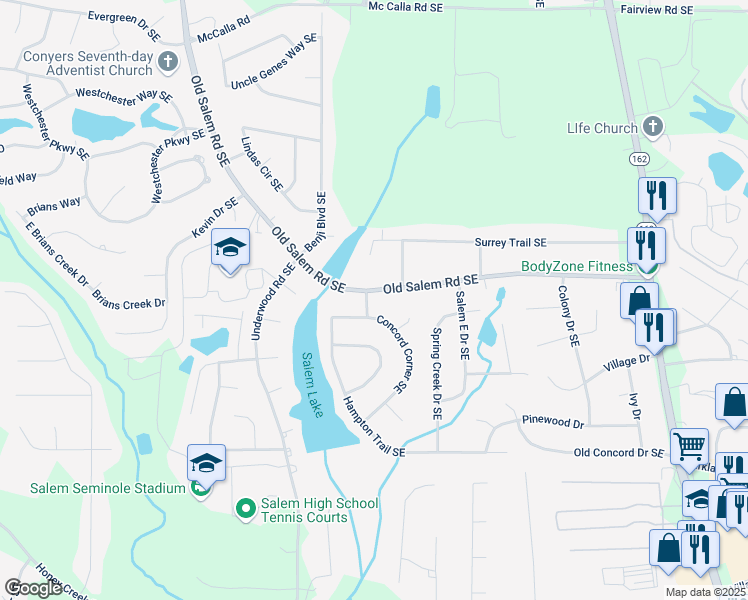 map of restaurants, bars, coffee shops, grocery stores, and more near 3284 Salem Lane Southeast in Conyers