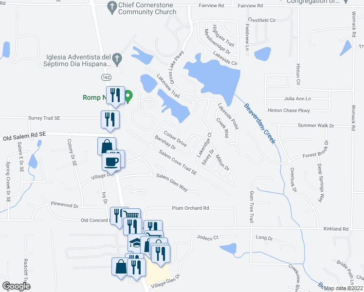 map of restaurants, bars, coffee shops, grocery stores, and more near 65 Colser Drive in Covington