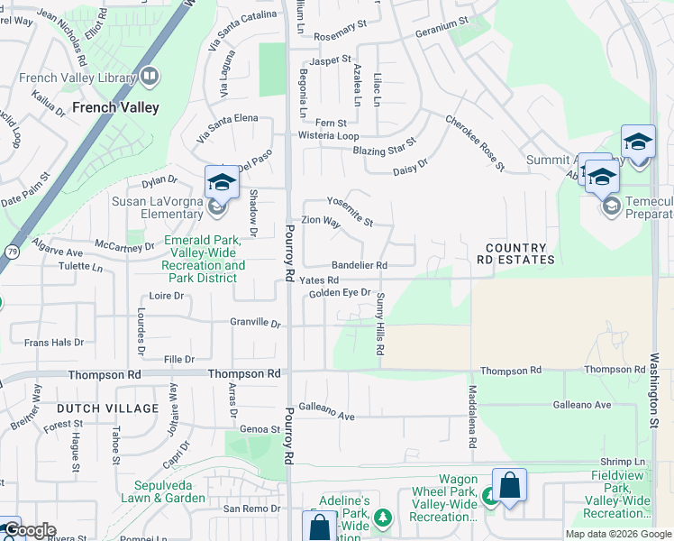 map of restaurants, bars, coffee shops, grocery stores, and more near 32125 Bandelier Road in Winchester