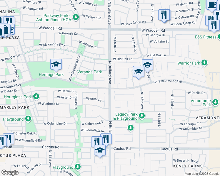map of restaurants, bars, coffee shops, grocery stores, and more near 12993 North Bullard Avenue in Surprise