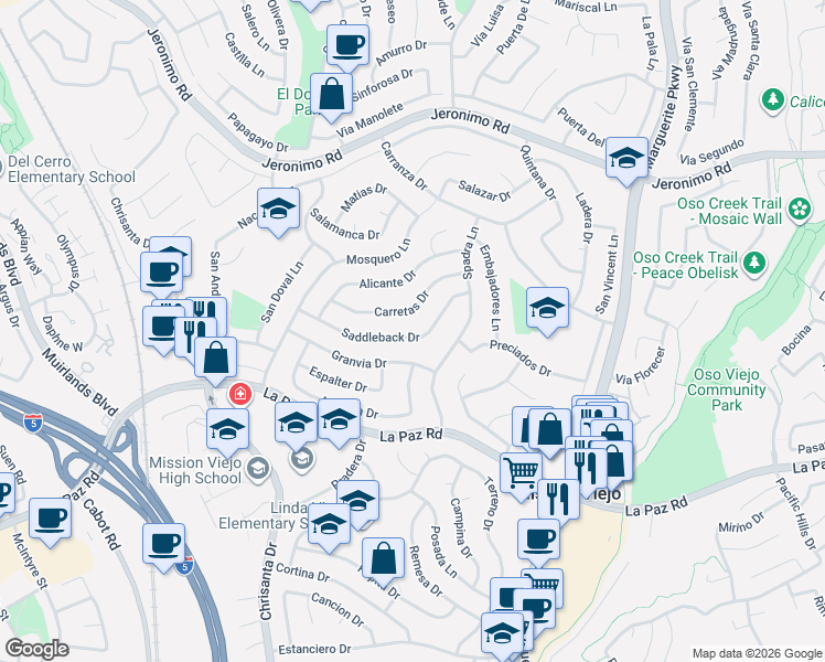 map of restaurants, bars, coffee shops, grocery stores, and more near 26686 Saddleback Drive in Mission Viejo