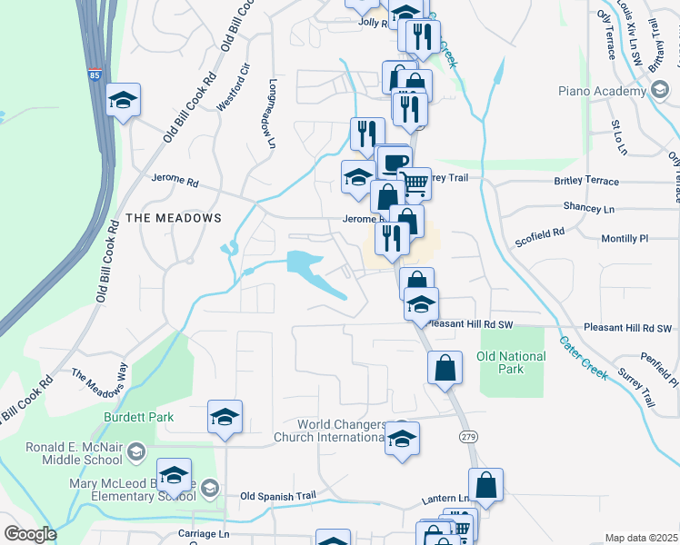 map of restaurants, bars, coffee shops, grocery stores, and more near 1316 Camelot Drive in College Park