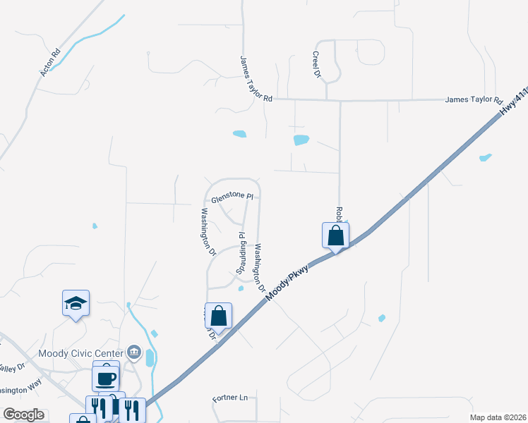 map of restaurants, bars, coffee shops, grocery stores, and more near 1119 Washington Drive in Moody