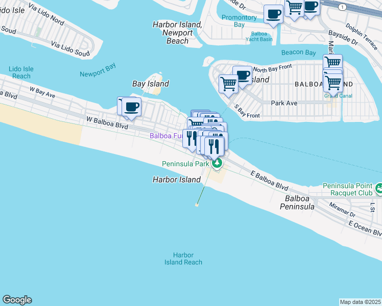 map of restaurants, bars, coffee shops, grocery stores, and more near 508 East Oceanfront in Newport Beach