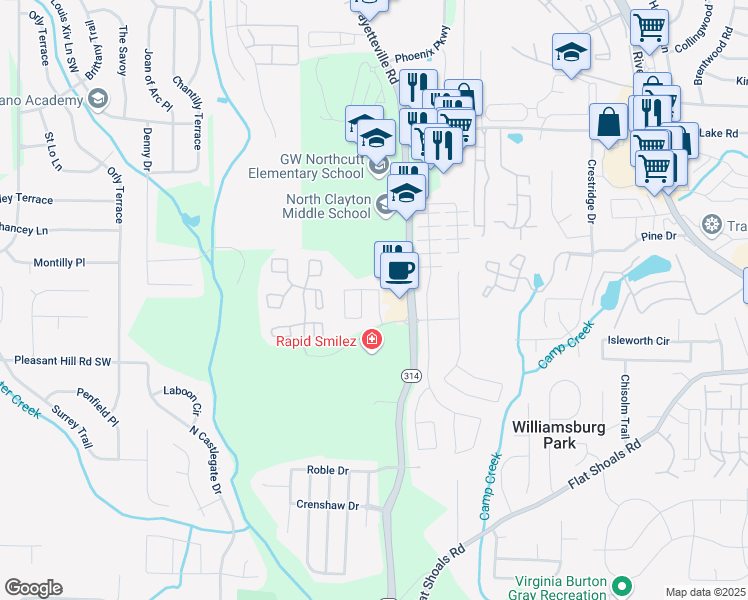 map of restaurants, bars, coffee shops, grocery stores, and more near 1695 Broad River Road in Atlanta