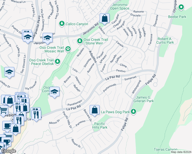 map of restaurants, bars, coffee shops, grocery stores, and more near 27831 Siruela in Mission Viejo