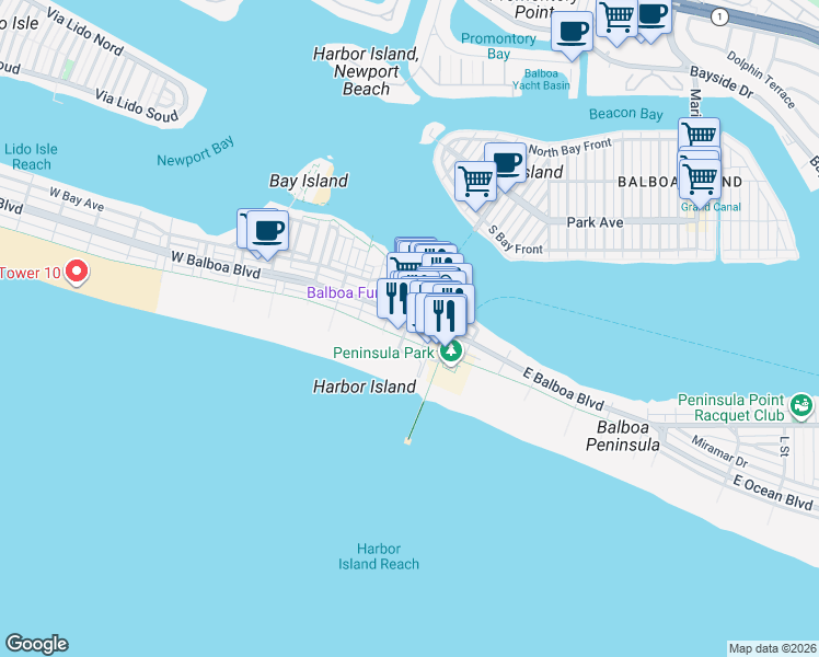 map of restaurants, bars, coffee shops, grocery stores, and more near 100 Palm Street in Newport Beach