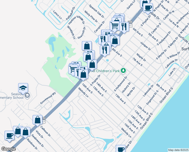 map of restaurants, bars, coffee shops, grocery stores, and more near 18 South Beach Drive in Surfside Beach