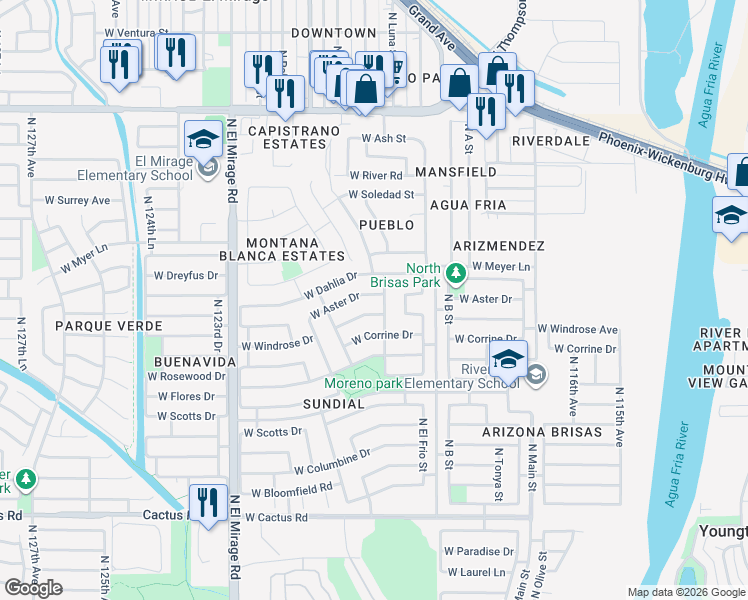 map of restaurants, bars, coffee shops, grocery stores, and more near 12009 West Aster Drive in El Mirage